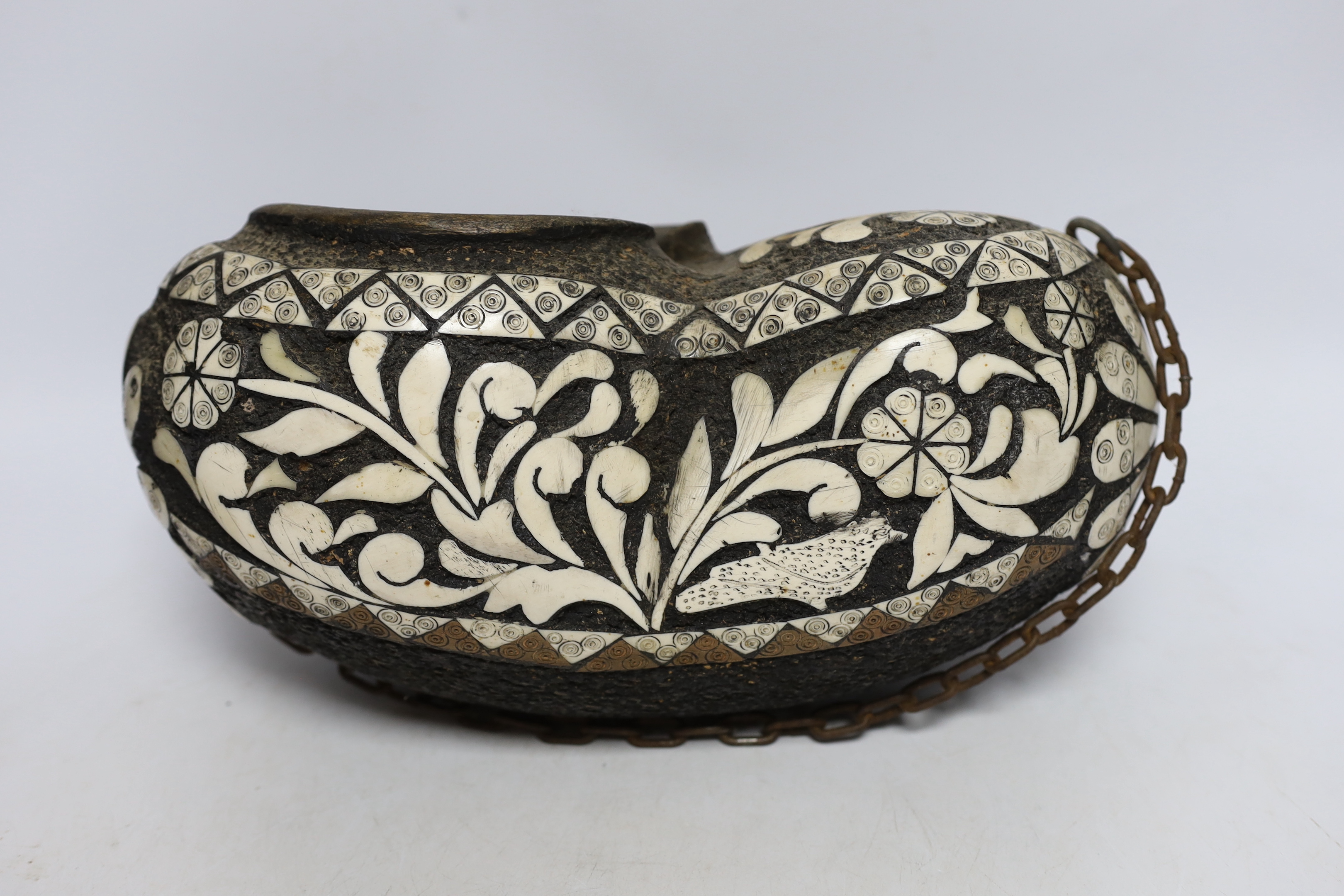 A Persian bone inlaid gourd kashkul begging bowl, 33cm